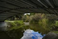 Blue sky, green trees and streams of water.